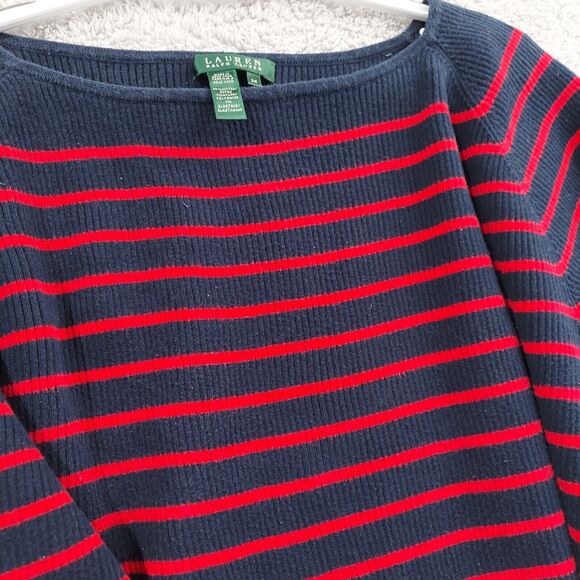 Ralph Lauren Sweater Womens 2X Navy Blue Red Striped Knit Boat Neck Gold Belt - Picture 4 of 10